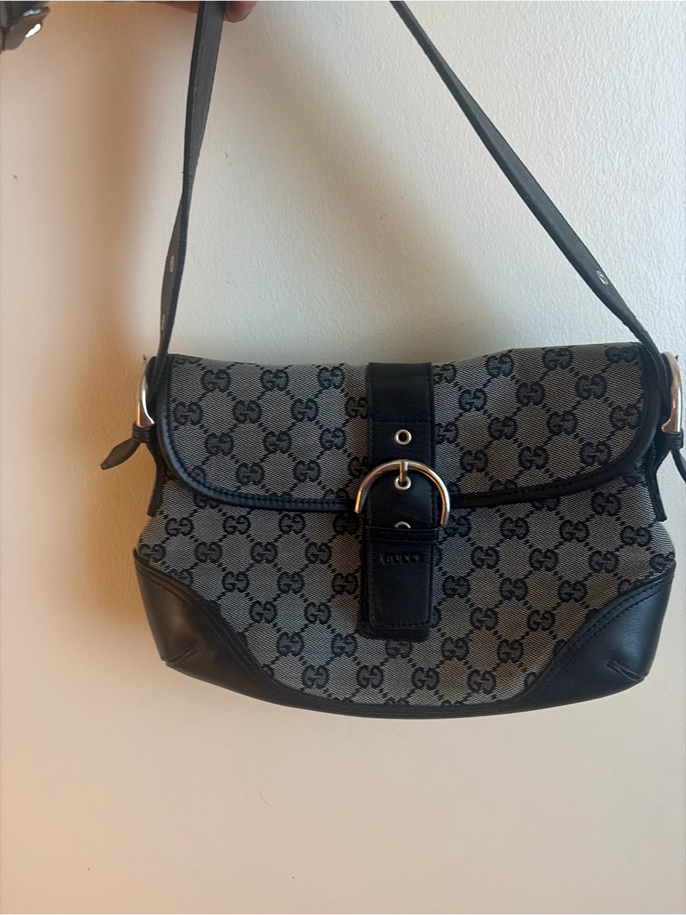 GG Canvas Shoulder Bag with Black Leather Trim